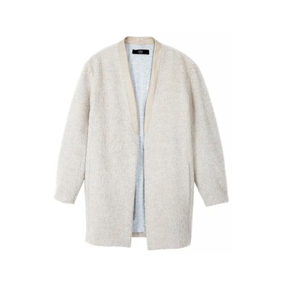 Tibi Mohair Cardigan Coat Womens XS Beige Tan Open Front Wool Leather Trim Midi